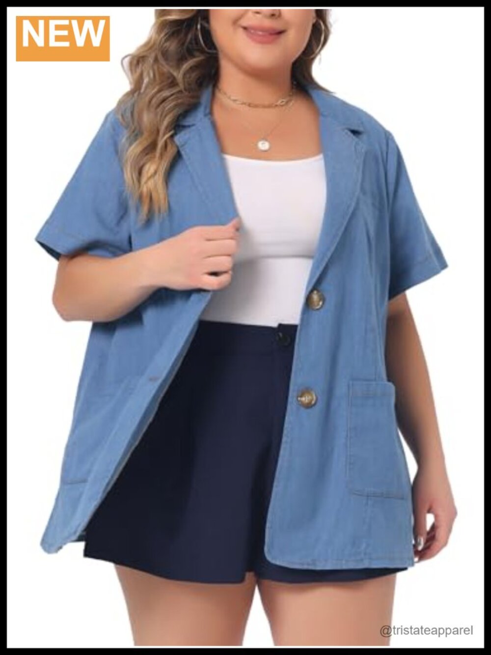 Plus Size Denim Button Down Shirt Short Sleeve Chambray Cotton Spandex
